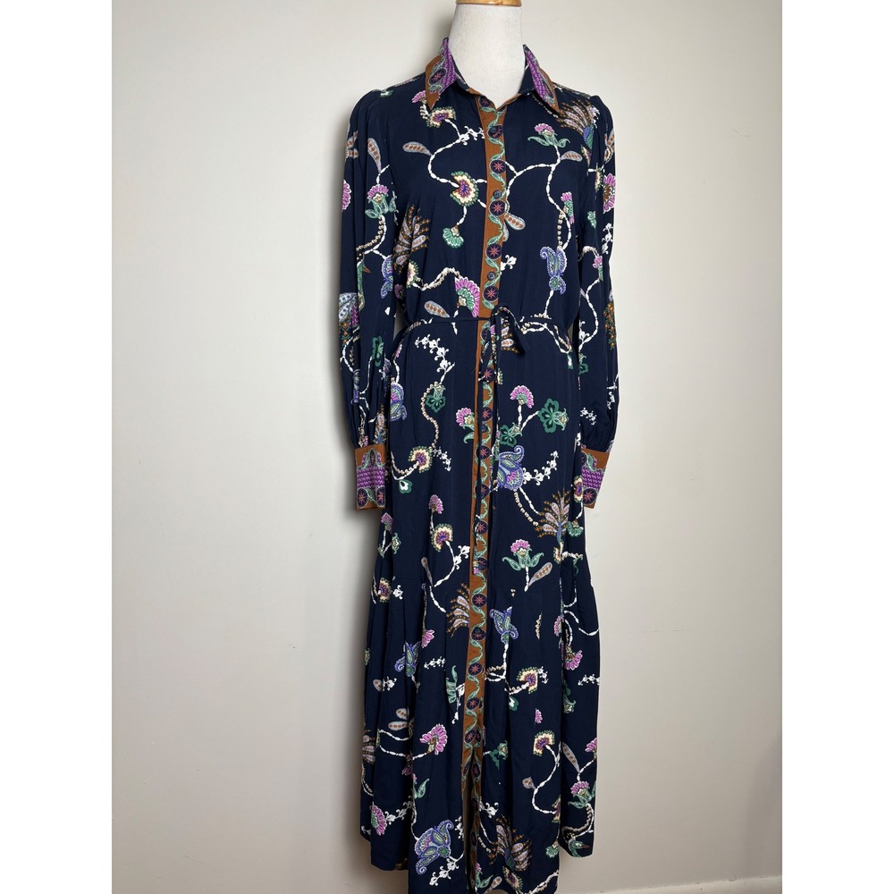 Loft Womens Floral Peacock Maxi Shirt Dress Size 4 Blue Boho Cottage Long Sleeve